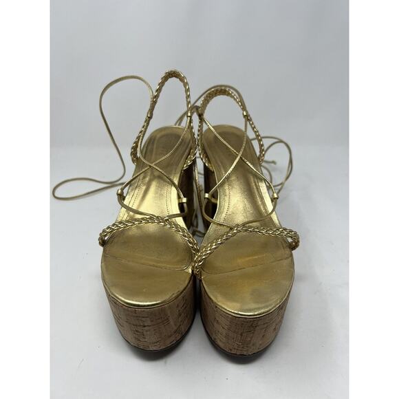 Schutz Maxima Lace Up Ankle Tie Platform Heel‎ Sandals Women's 10B Gold Metallic - Picture 2 of 9